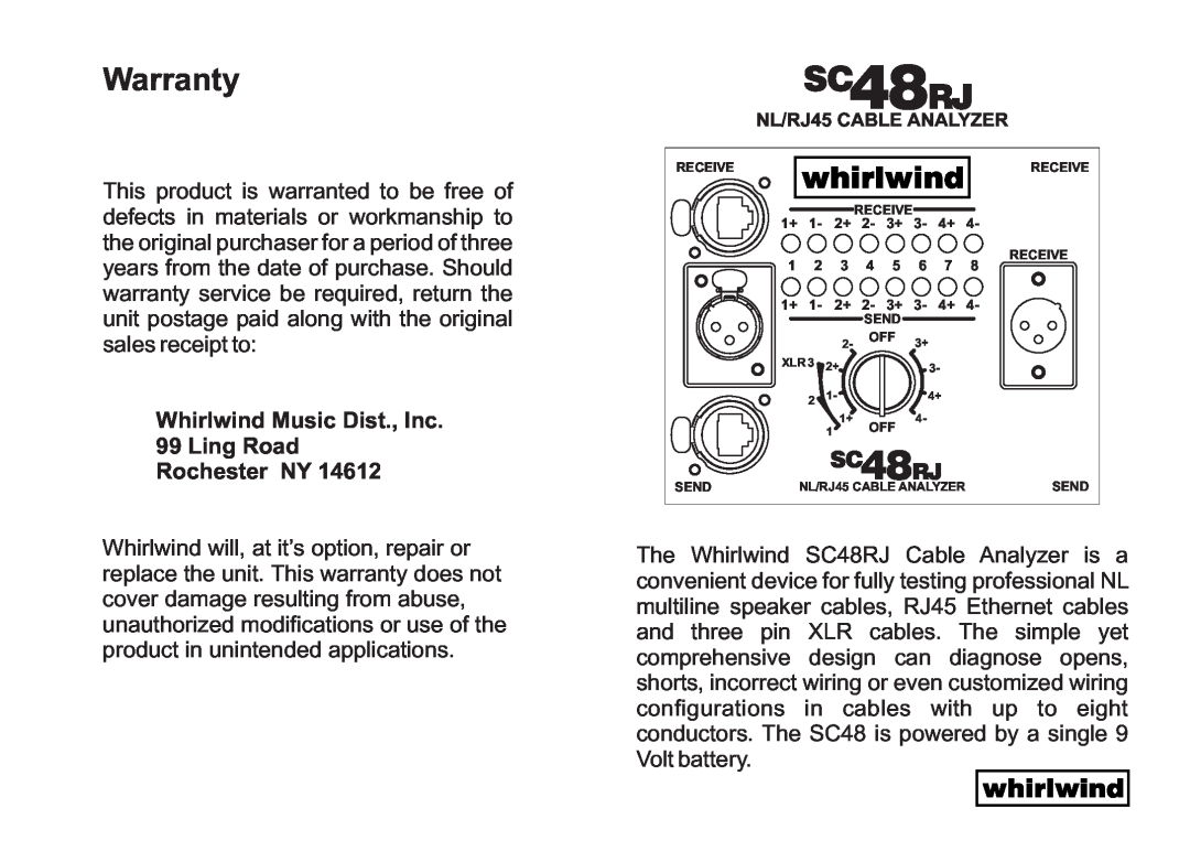 Whirlwind SC48RJ warranty Warranty, Whirlwind Music Dist., Inc 99 Ling Road Rochester NY, SC 48 RJ 