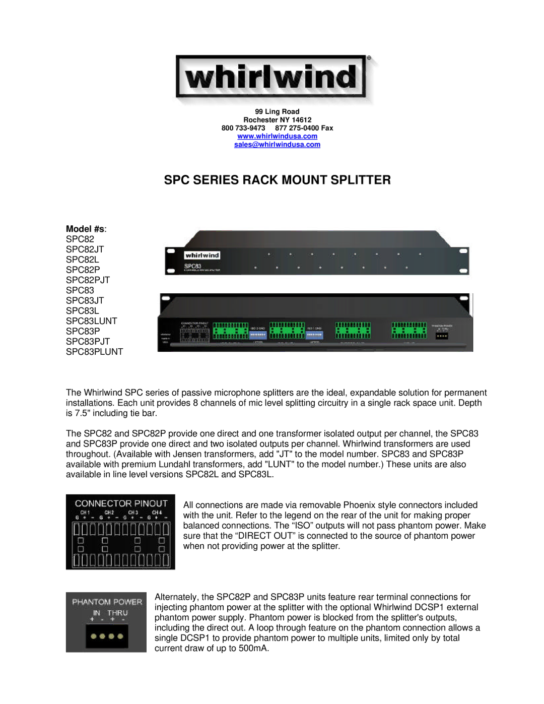 Whirlwind SPC83LUNT, SPC83PLUNT, SPC82PJT, SPC83PJT, SPC82JT, SPC83JT, SPC82L manual SPC Series Rack Mount Splitter, Model #s 