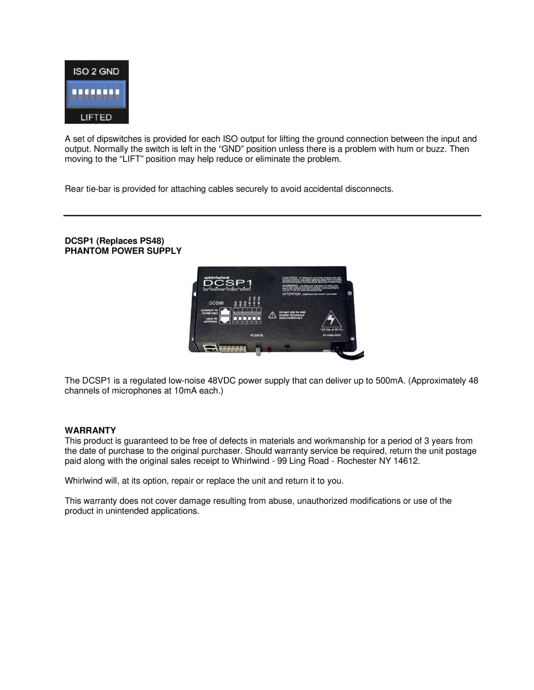 Whirlwind SPC83PLUNT, SPC83LUNT, SPC82PJT, SPC83PJT, SPC82JT, SPC83JT DCSP1 Replaces PS48, Phantom Power Supply, Warranty 