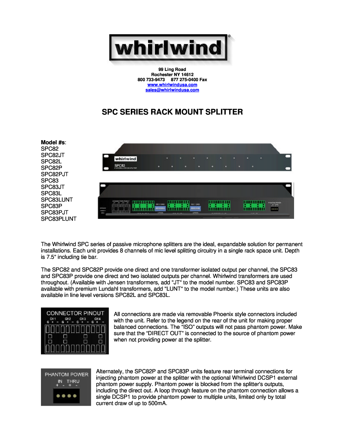 Whirlwind SPC83LUNT, SPC83PLUNT, SPC82PJT, SPC83PJT, SPC82JT, SPC83JT, SPC82L manual Model #s, Spc Series Rack Mount Splitter 