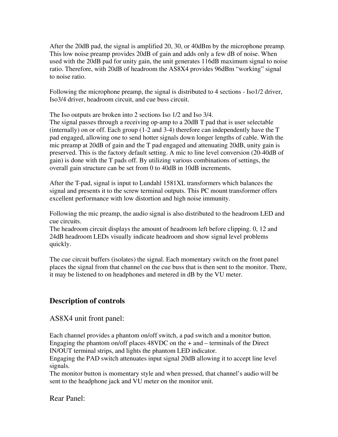 Whirlwind UT-20581-1 manual Description of controls, AS8X4 unit front panel, Rear Panel 