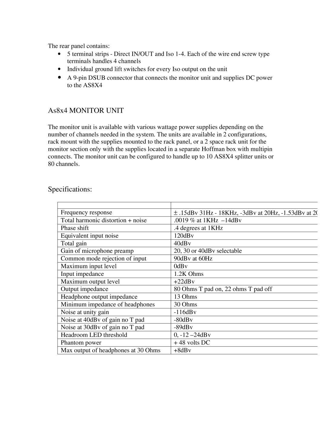 Whirlwind UT-20581-1 manual As8x4 Monitor Unit, Specifications 