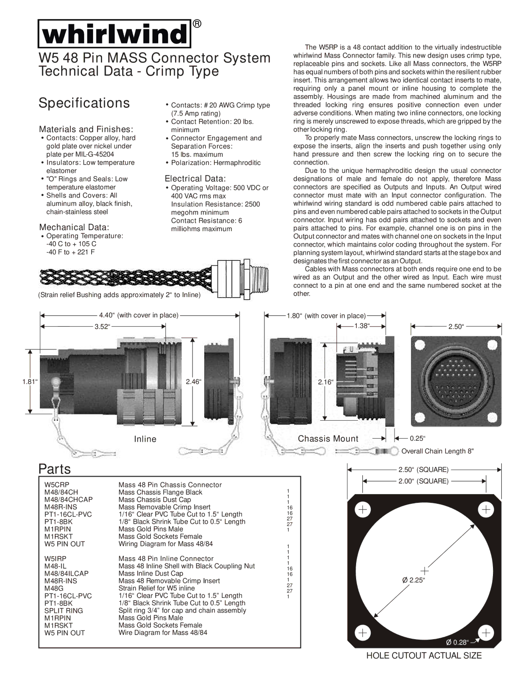 Whirlwind specifications W5 48 Pin Mass Connector System Technical Data Crimp Type, Specifications, Parts 