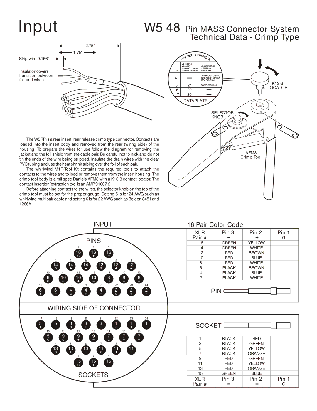 Whirlwind W5 48 specifications Input, Pin, Pair #, K13-3, Crimp Tool 