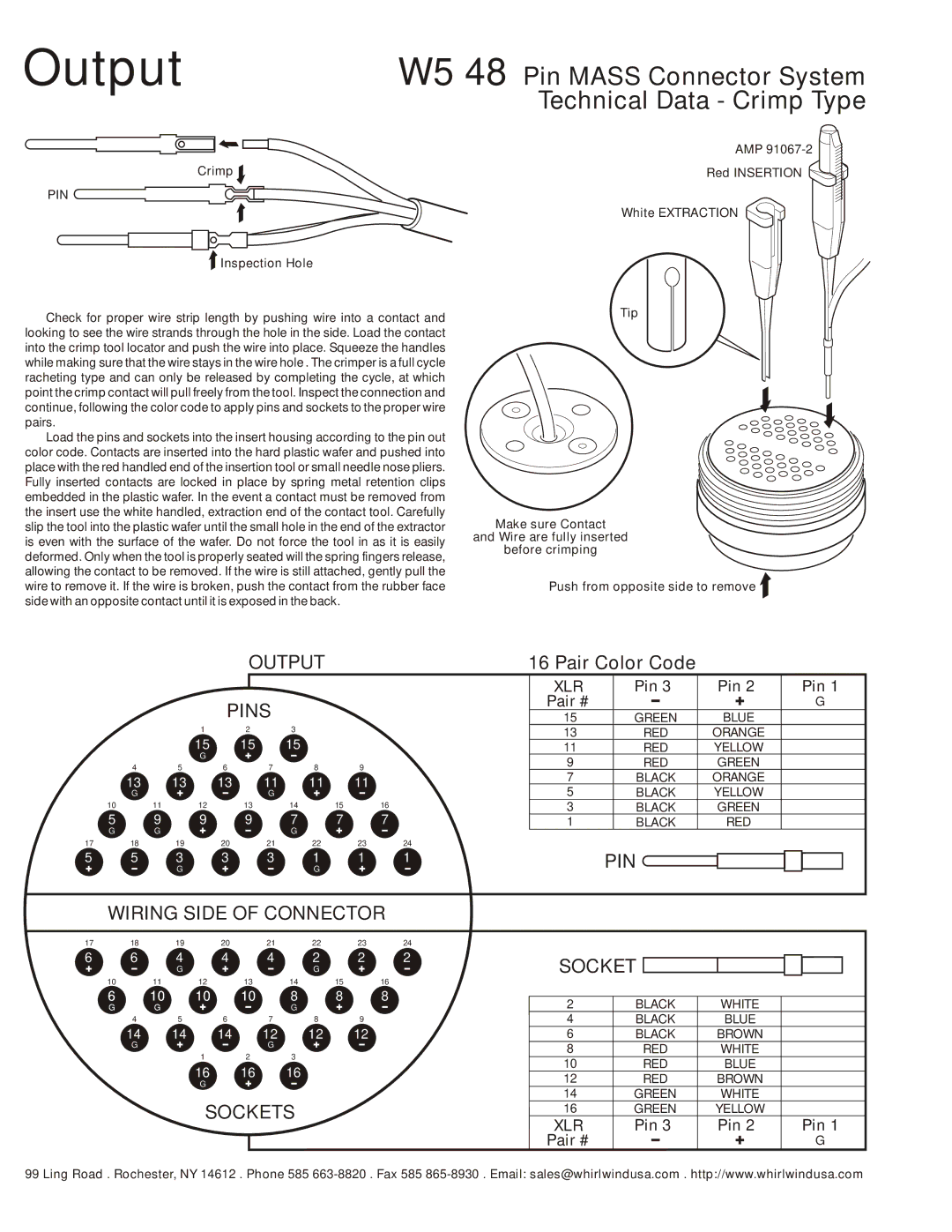 Whirlwind W5 48 specifications Output, Pin Pair #, Crimp, Inspection Hole 