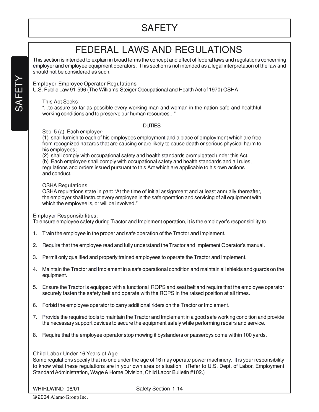 Whirlwind WW60-10001 manual Safety Federal Laws and Regulations, Duties 