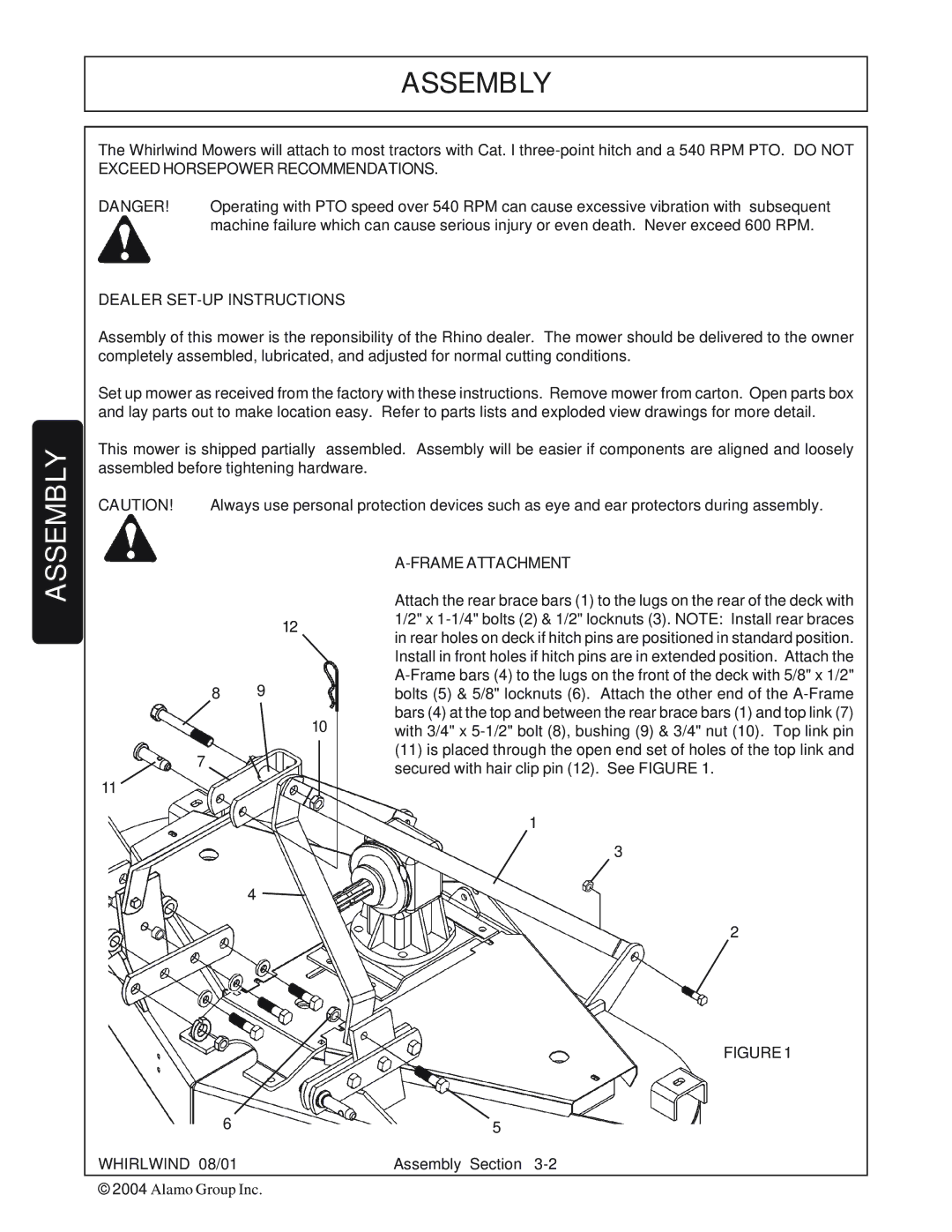 Whirlwind WW60-10001 manual Exceed Horsepower Recommendations Dealer SET-UP Instructions, Frame Attachment 