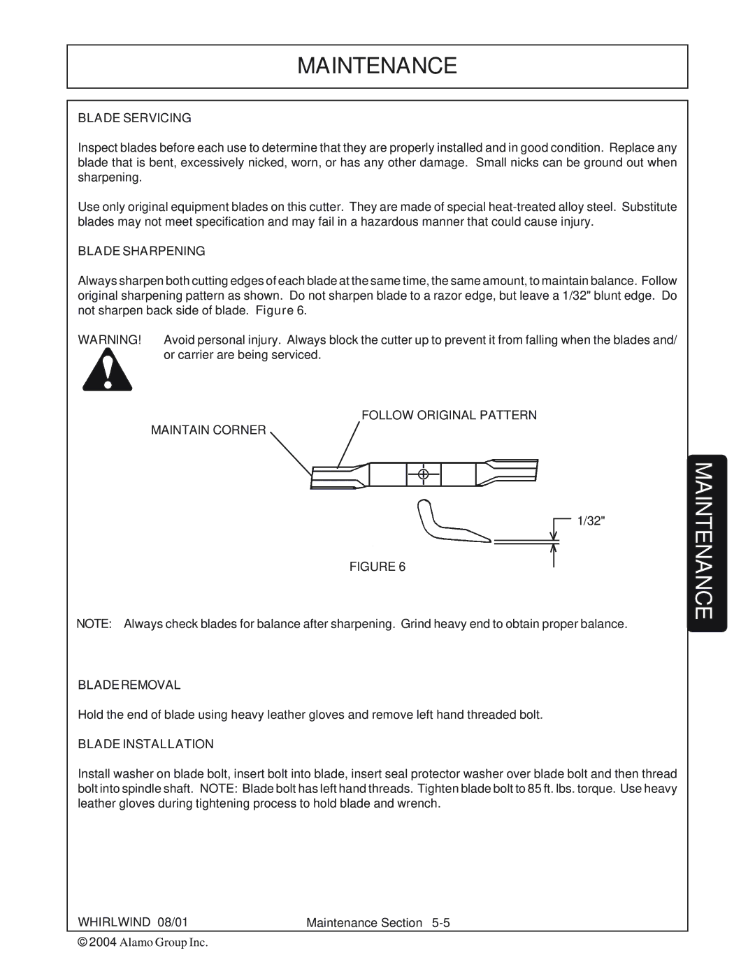 Whirlwind WW60-10001 manual Blade Servicing, Blade Sharpening, Follow Original Pattern Maintain Corner, Bladeremoval 