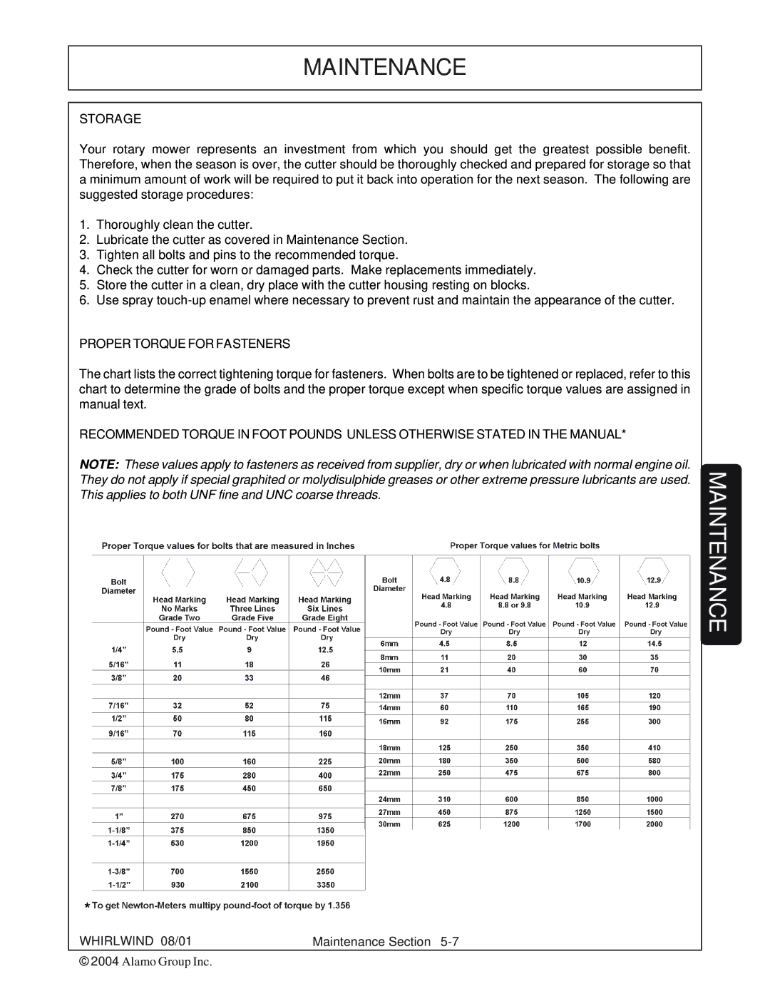 Whirlwind WW60-10001 manual Storage, Proper Torque for Fasteners 