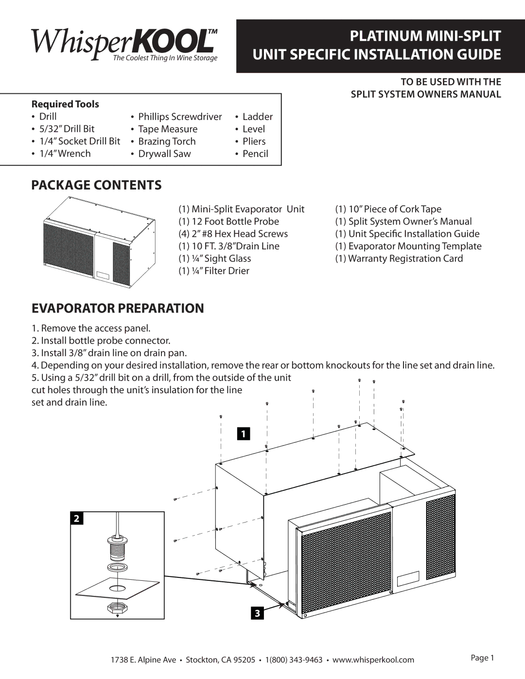 WhisperKool 2PMS-01, 042610 owner manual Platinum MINI-SPLIT Unit Specific Installation Guide, Package Contents 