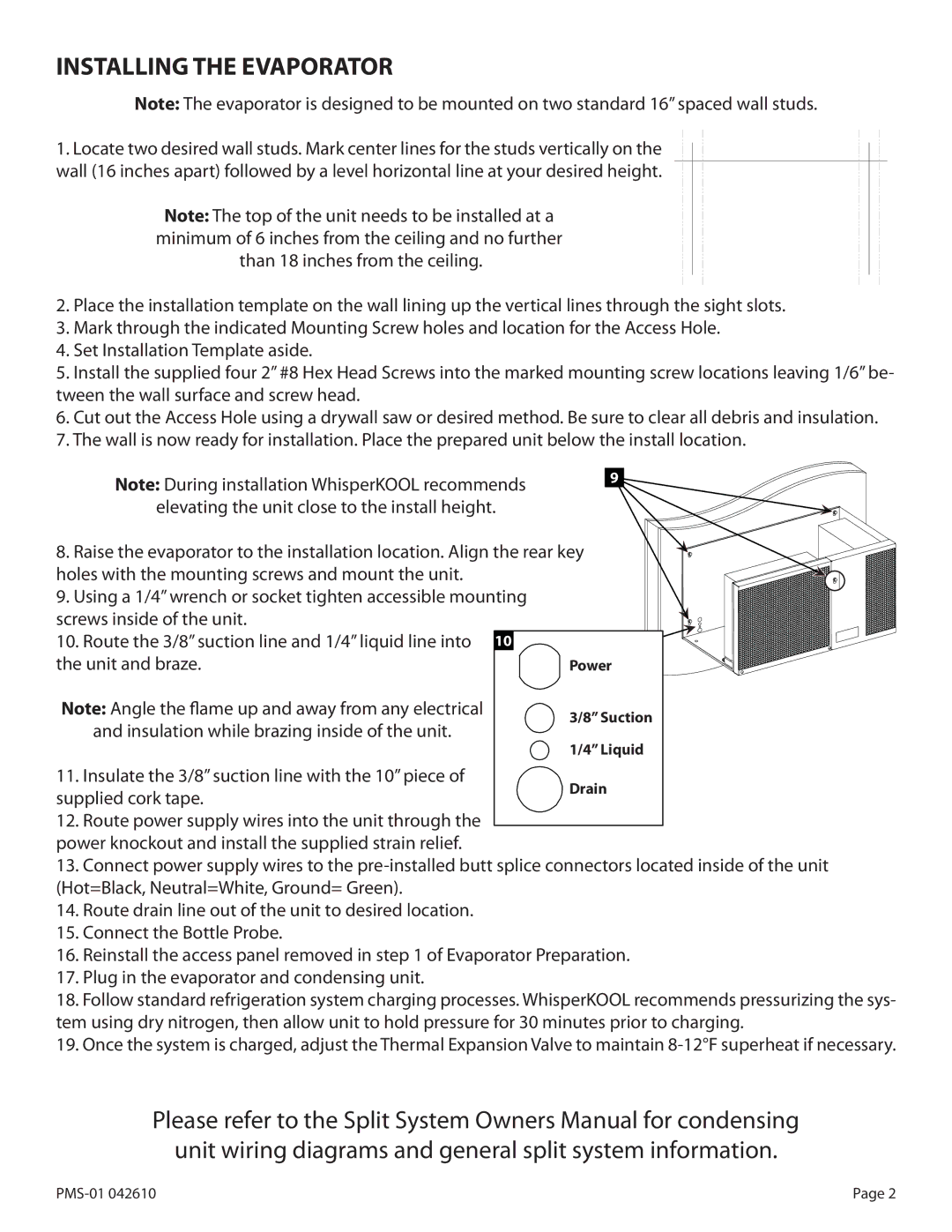 WhisperKool 042610, 2PMS-01 owner manual Installing the Evaporator 