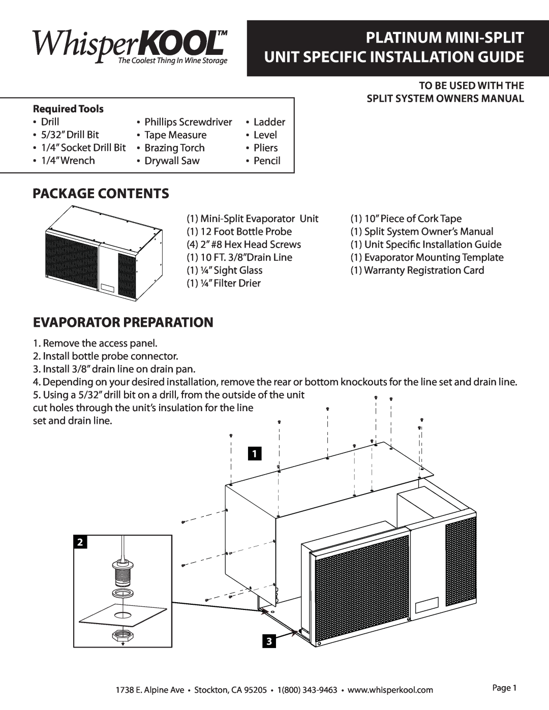 WhisperKool 2PMS-01, 042610 owner manual Package Contents, Evaporator Preparation, Required Tools, 1 2 