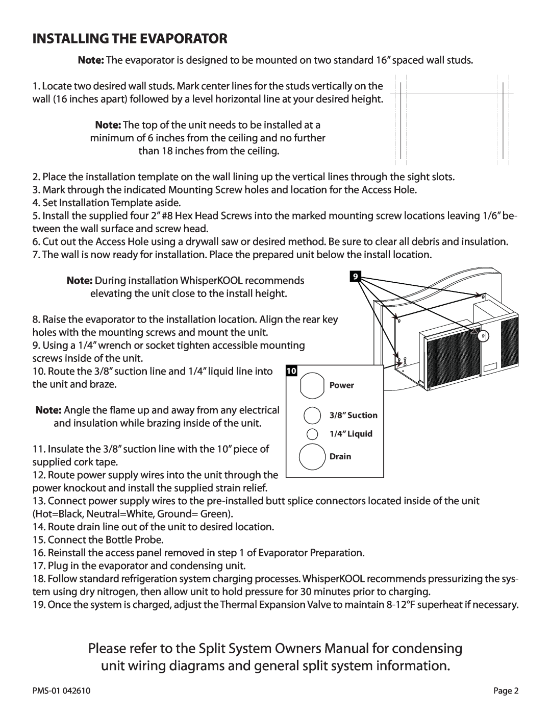 WhisperKool 042610, 2PMS-01 owner manual Installing The Evaporator 