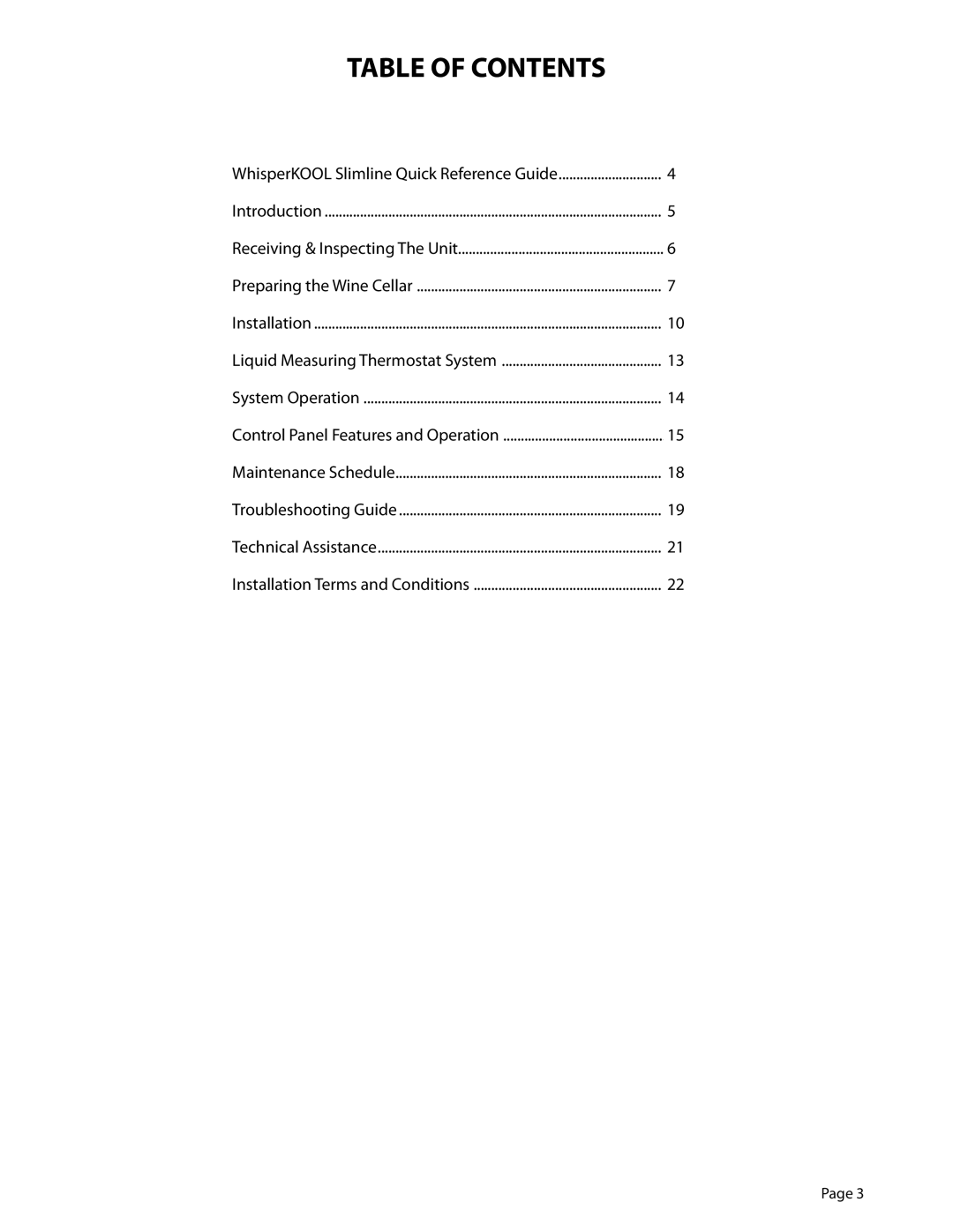 WhisperKool 2500 manual Table of Contents 