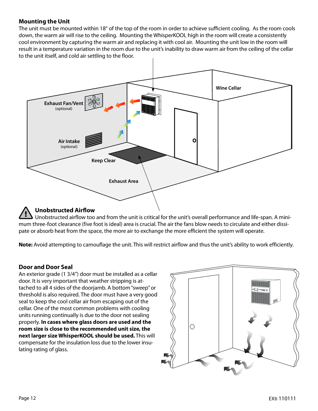 WhisperKool 5000 owner manual Mounting the Unit, Unobstructed Airflow, Door and Door Seal 