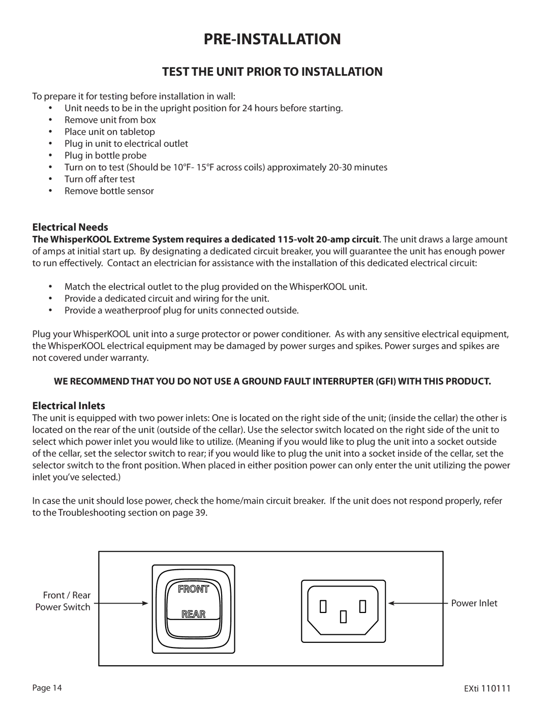 WhisperKool 5000 owner manual Pre-Installation, Electrical Needs, Electrical Inlets 