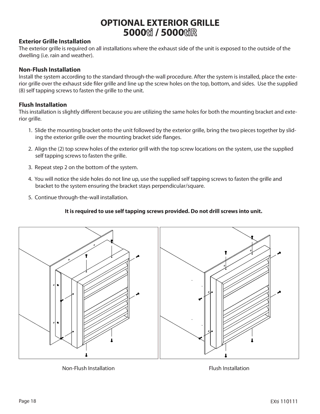 WhisperKool 5000 owner manual Optional Exterior Grille, Exterior Grille Installation, Non-Flush Installation 