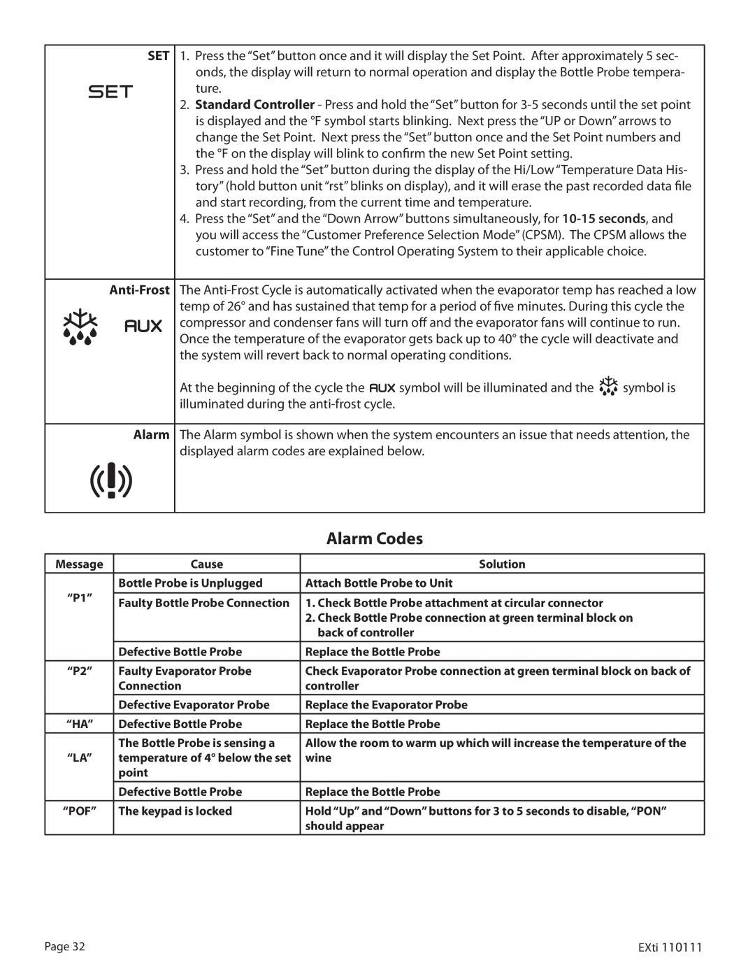 WhisperKool 5000 owner manual Anti-Frost, Alarm 