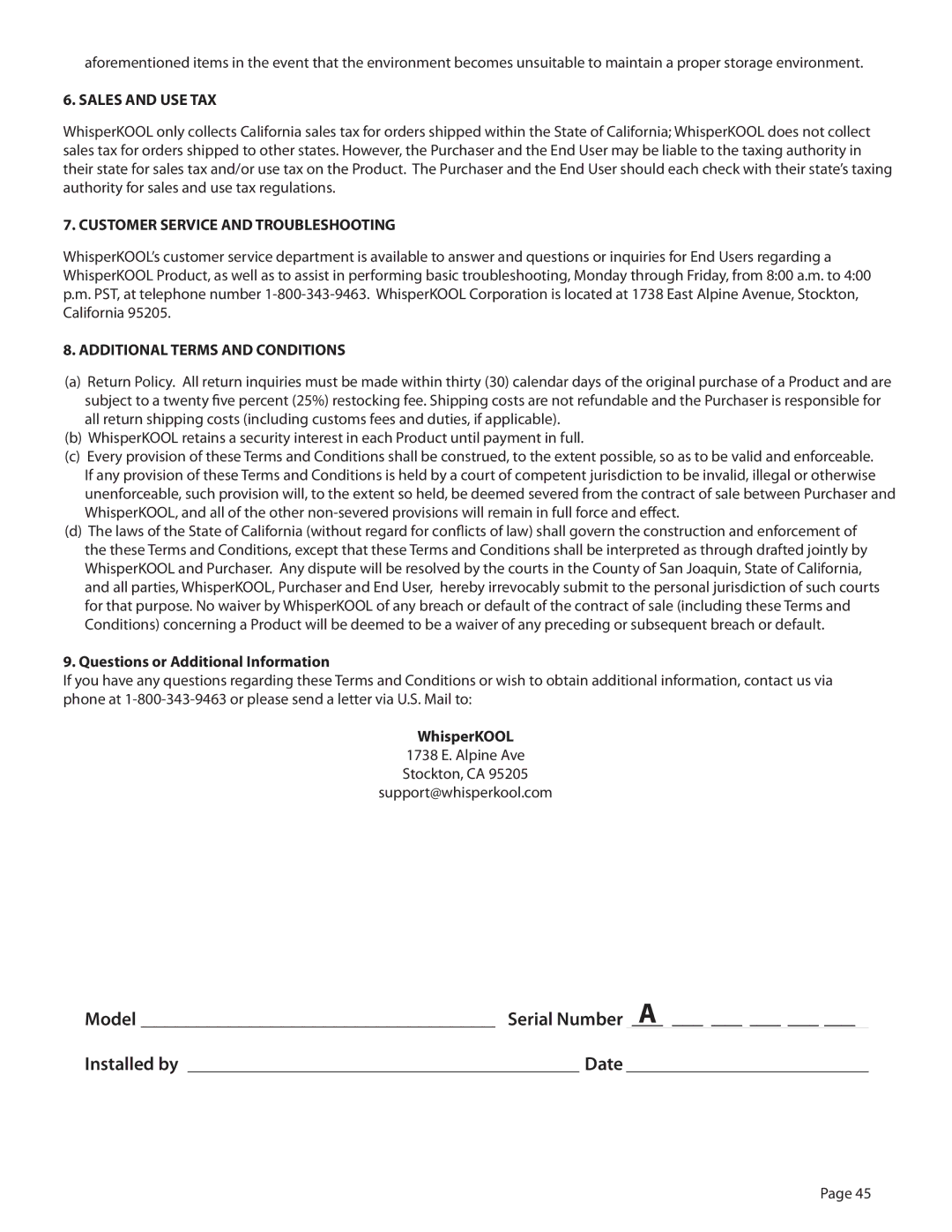 WhisperKool 5000 owner manual Model Serial NumberA Installed by Date, Sales and USE TAX 