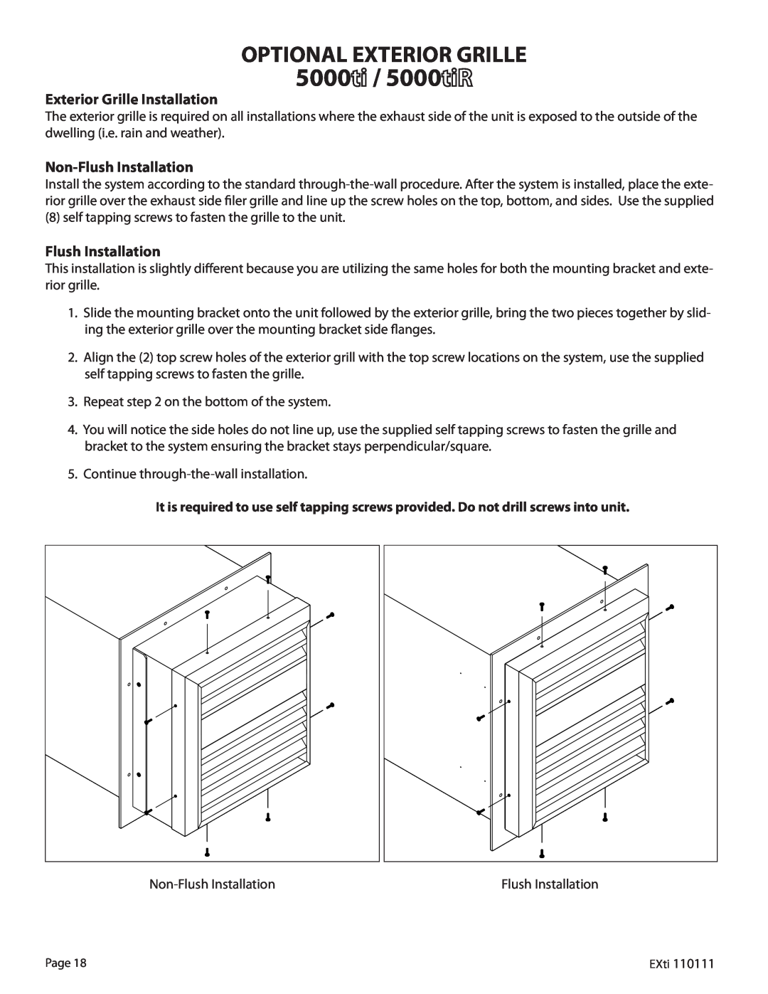 WhisperKool 5000 owner manual Optional Exterior Grille, Exterior Grille Installation, Non-Flush Installation 