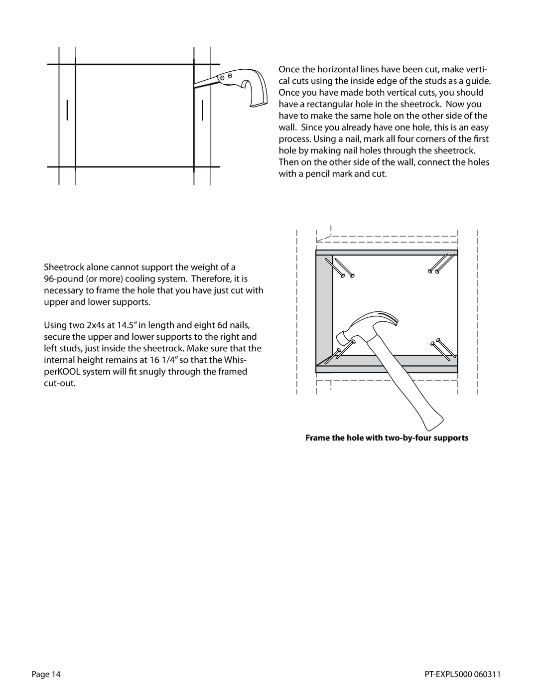 WhisperKool 5000TIR owner manual Frame the hole with two-by-four supports 