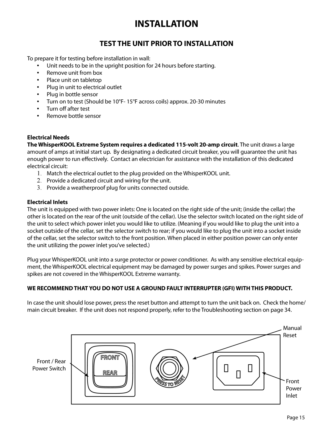 WhisperKool 5000TIR owner manual Installation, Electrical Inlets 