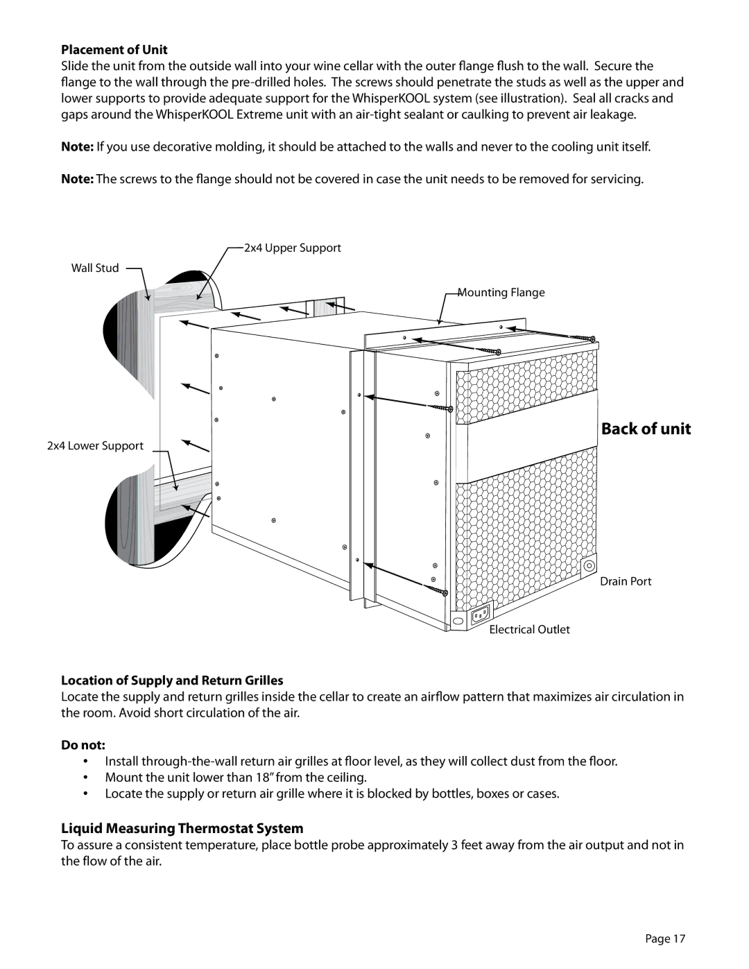 WhisperKool 5000TI Liquid Measuring Thermostat System, Placement of Unit, Location of Supply and Return Grilles, Do not 