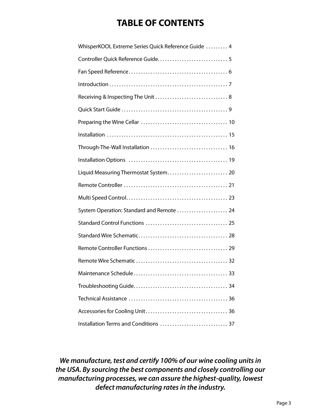 WhisperKool 5000TIR owner manual Table of Contents 