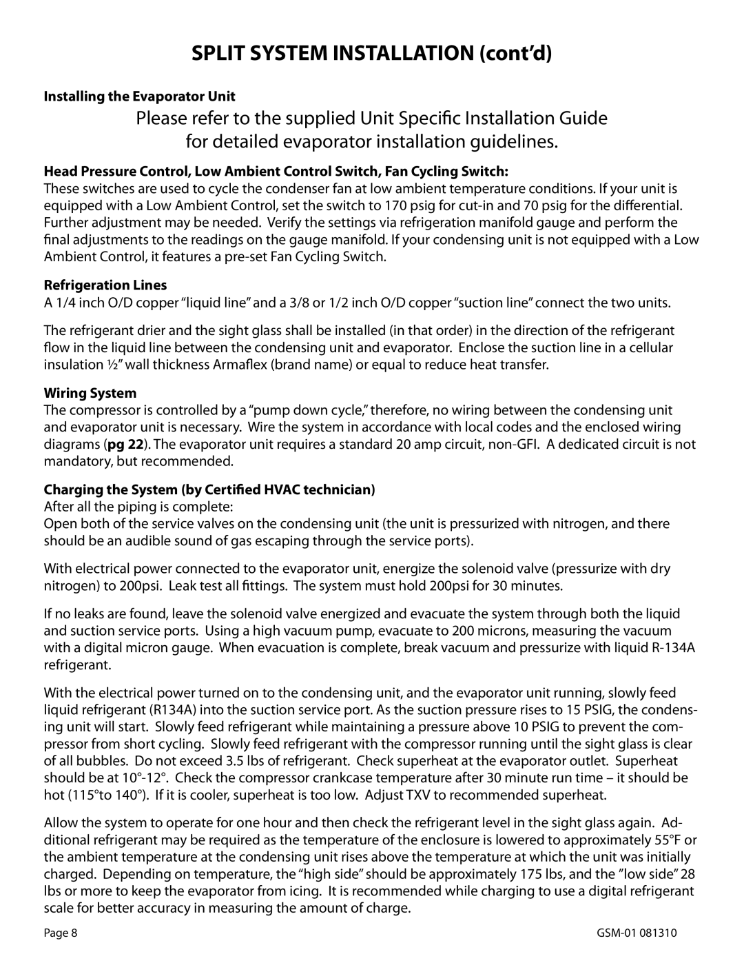 WhisperKool GSM-01, 081310 owner manual Installing the Evaporator Unit, Refrigeration Lines, Wiring System 