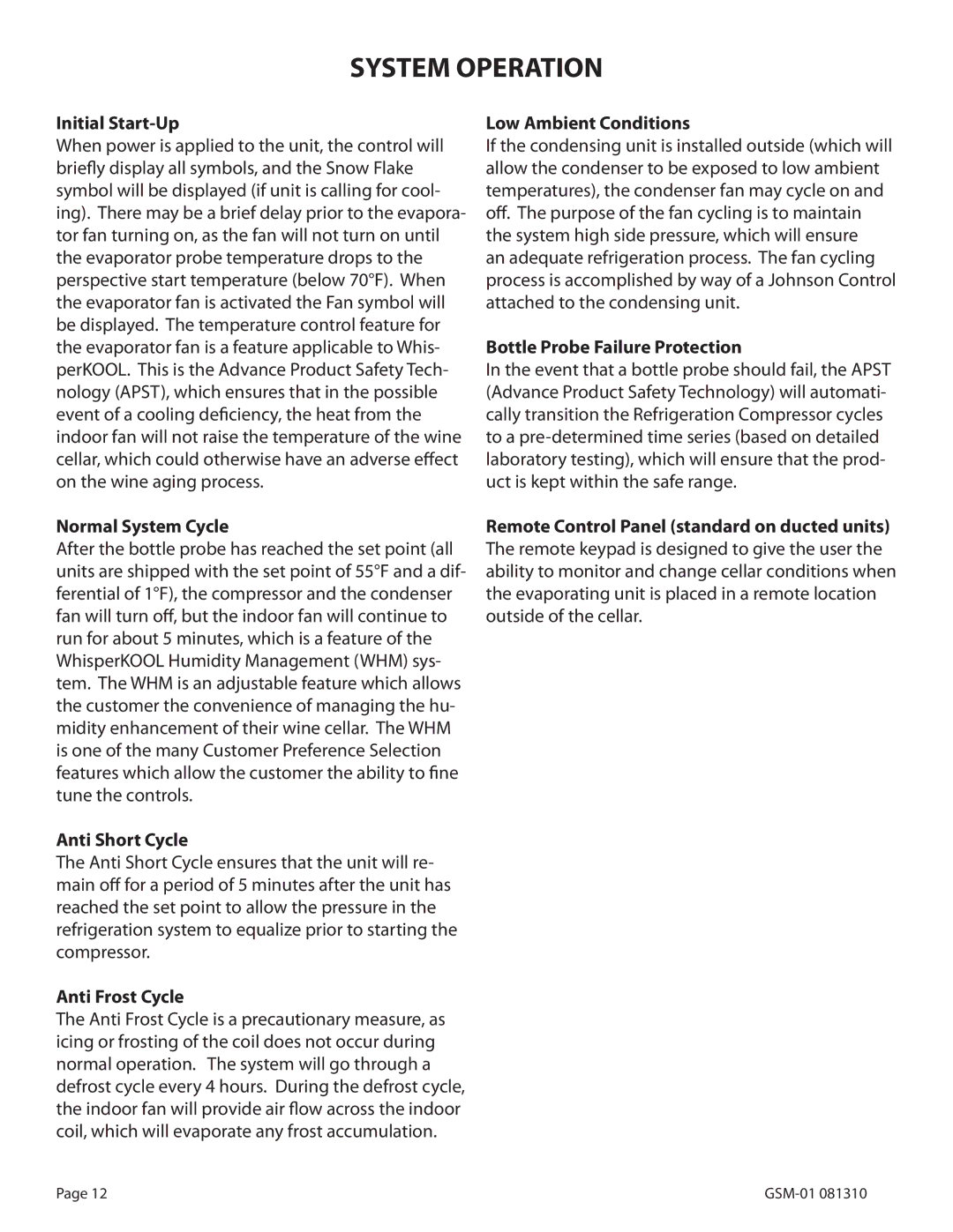 WhisperKool GSM-01, 081310 owner manual System Operation 
