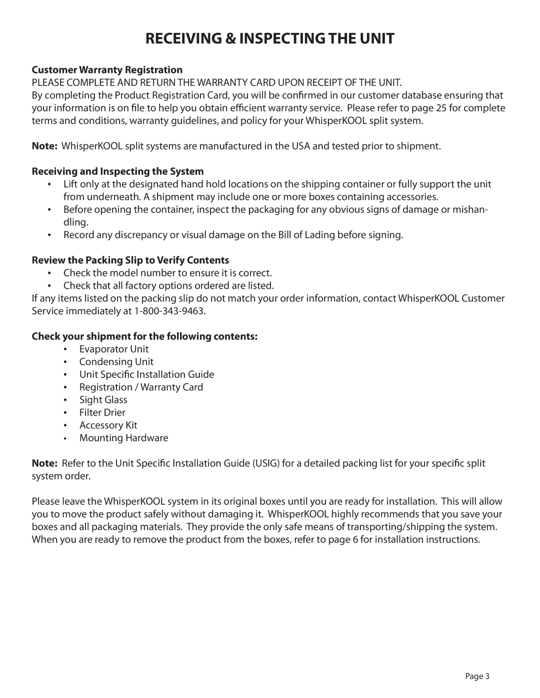 WhisperKool 081310 Receiving & Inspecting the Unit, Customer Warranty Registration, Receiving and Inspecting the System 