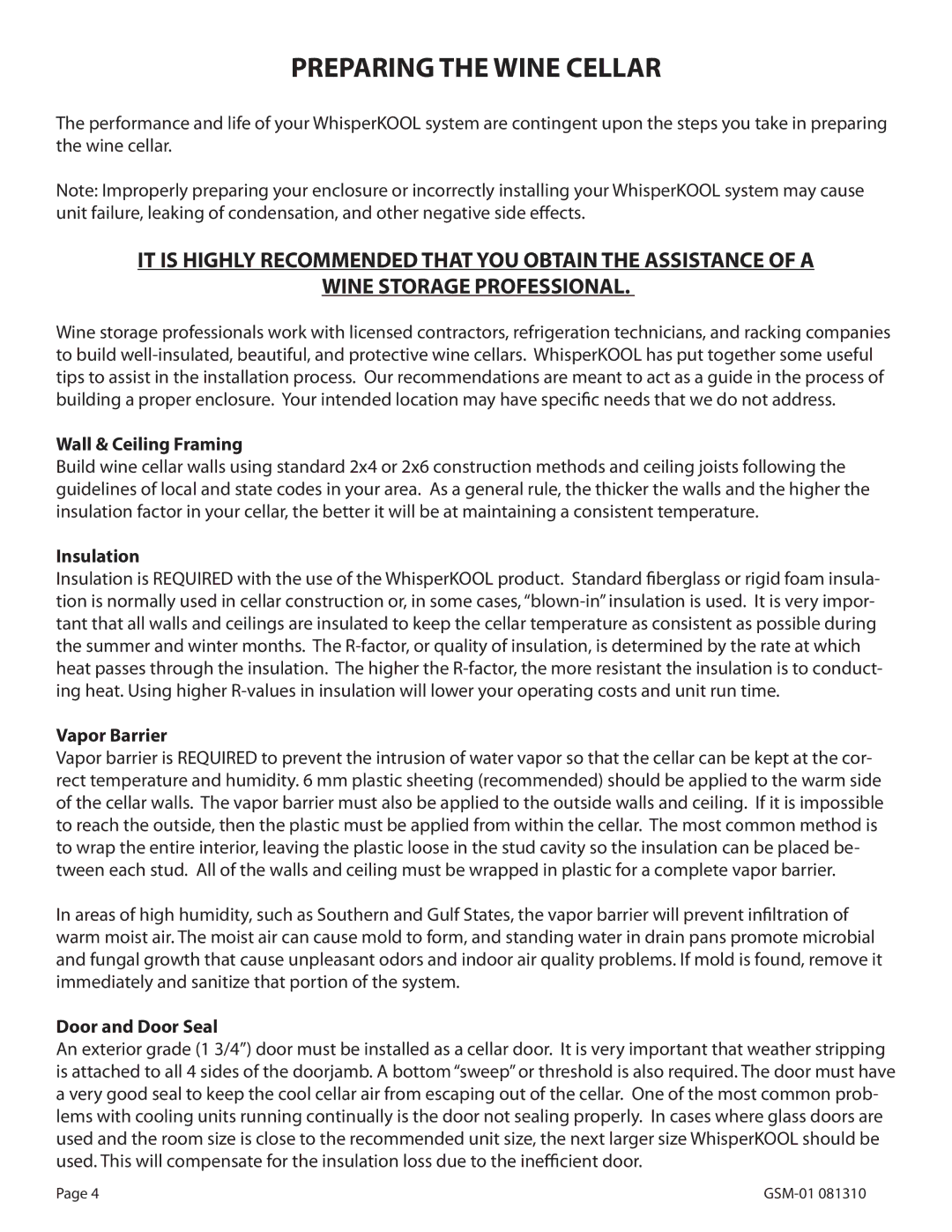 WhisperKool GSM-01 Preparing the Wine Cellar, Wall & Ceiling Framing, Insulation, Vapor Barrier, Door and Door Seal 