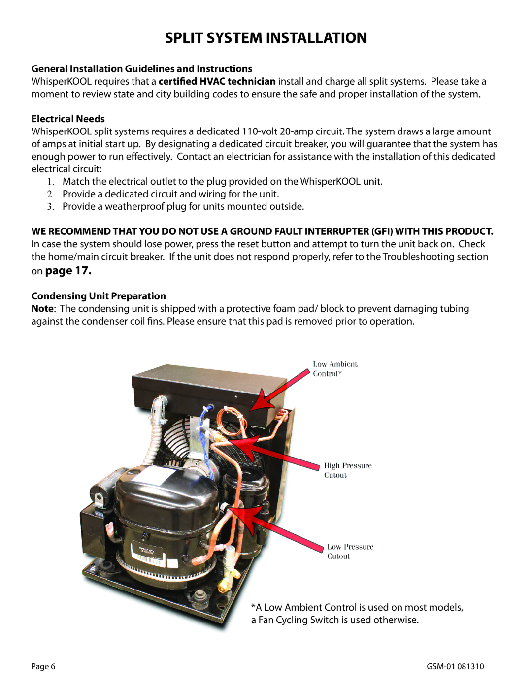 WhisperKool GSM-01, 081310 Split System Installation, General Installation Guidelines and Instructions, Electrical Needs 