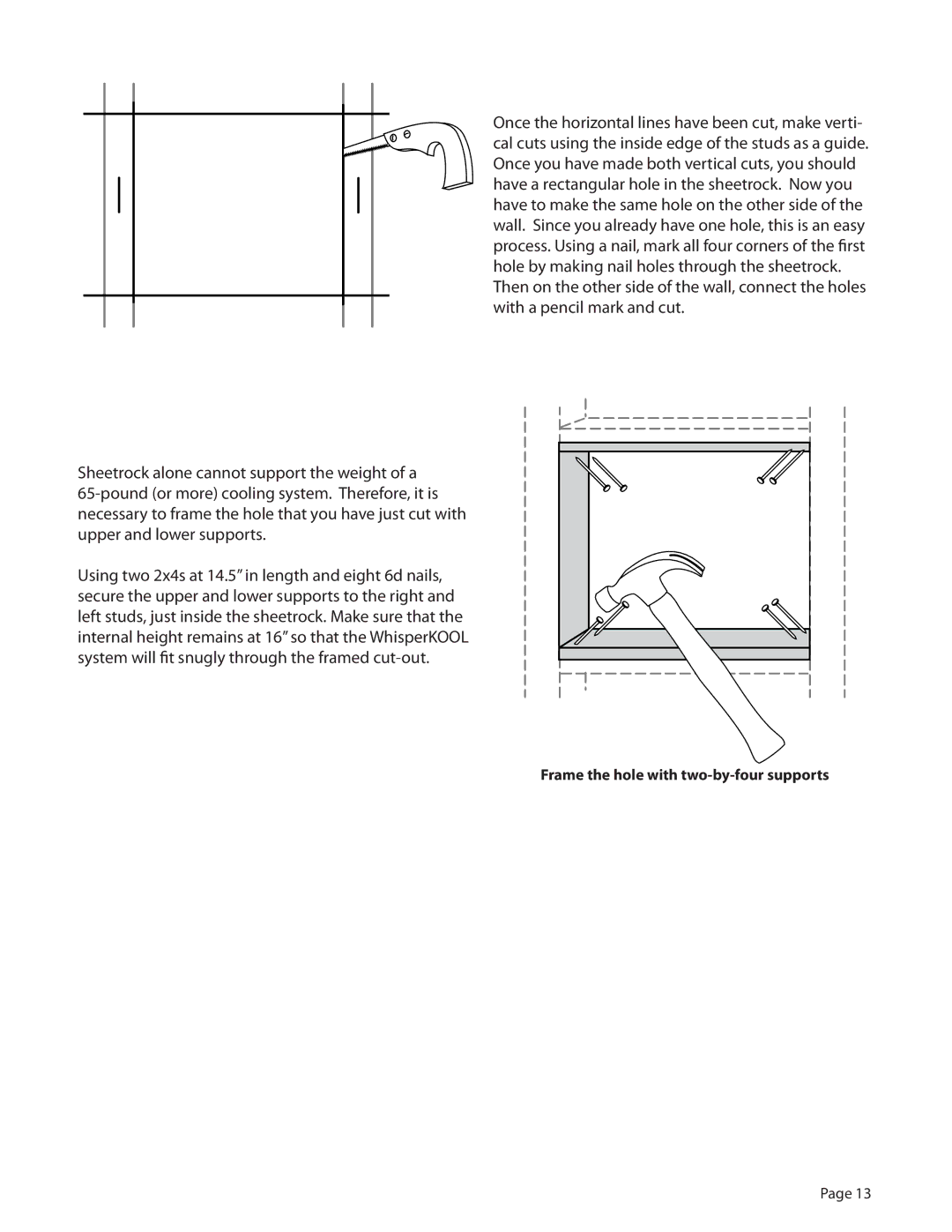 WhisperKool PLATINUM 8000, PLATINUM 4000 owner manual Frame the hole with two-by-four supports 