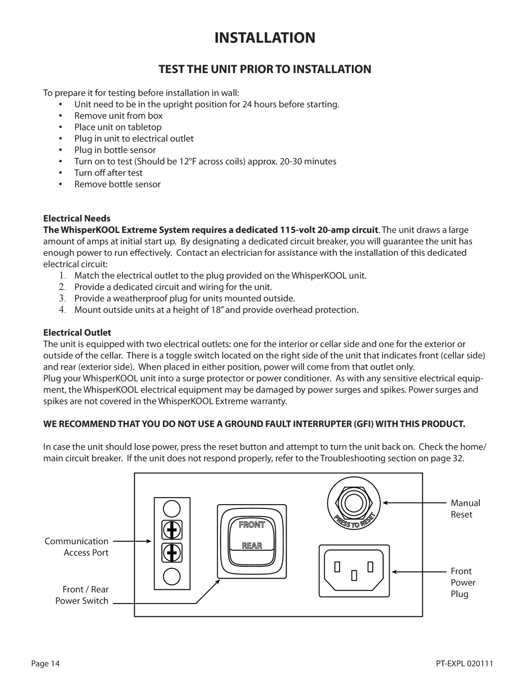 WhisperKool PLATINUM 4000, PLATINUM 8000 owner manual Installation, Electrical Outlet 