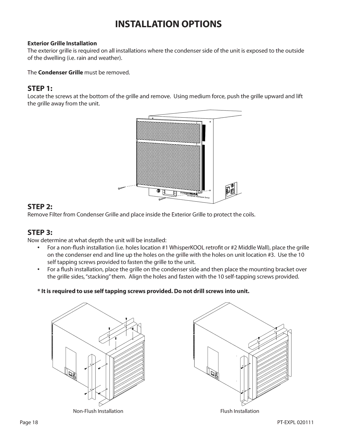 WhisperKool PLATINUM 4000, PLATINUM 8000 owner manual Installation Options, Exterior Grille Installation 