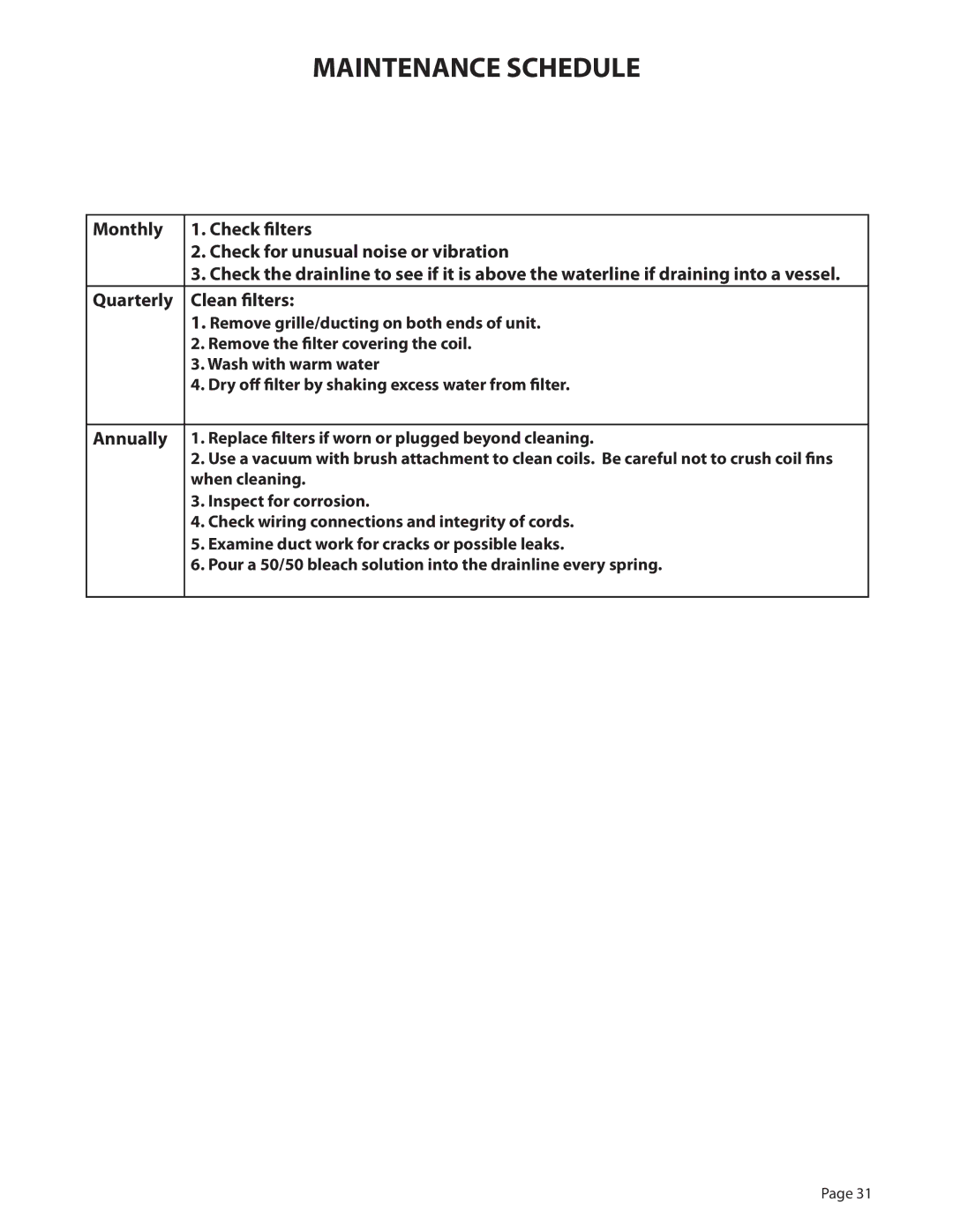 WhisperKool PLATINUM 8000, PLATINUM 4000 owner manual Maintenance Schedule 