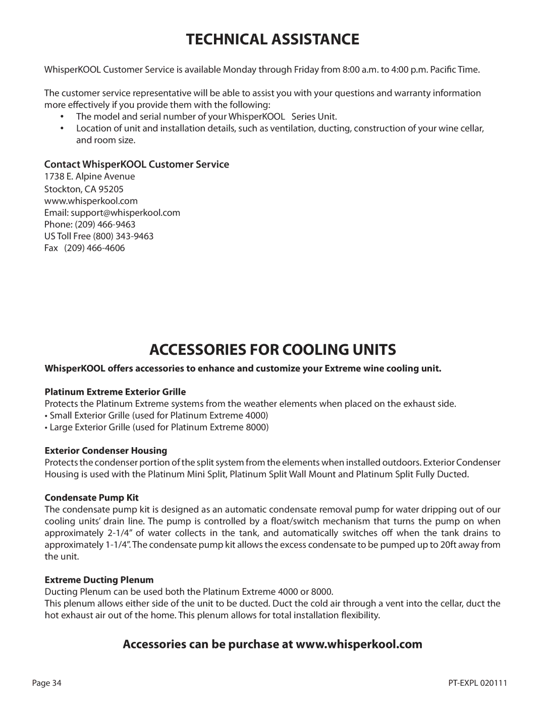 WhisperKool PLATINUM 4000 Technical Assistance, Accessories for Cooling Units, Contact WhisperKOOL Customer Service 