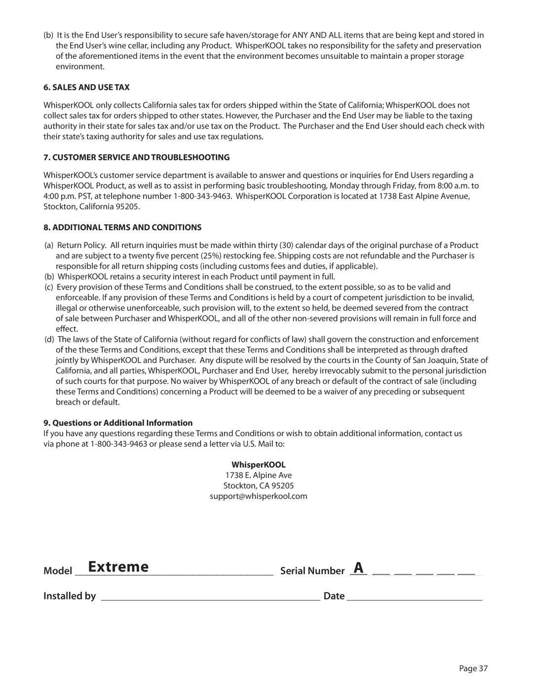 WhisperKool PLATINUM 8000, PLATINUM 4000 owner manual Installed by Date, Sales and USE TAX 