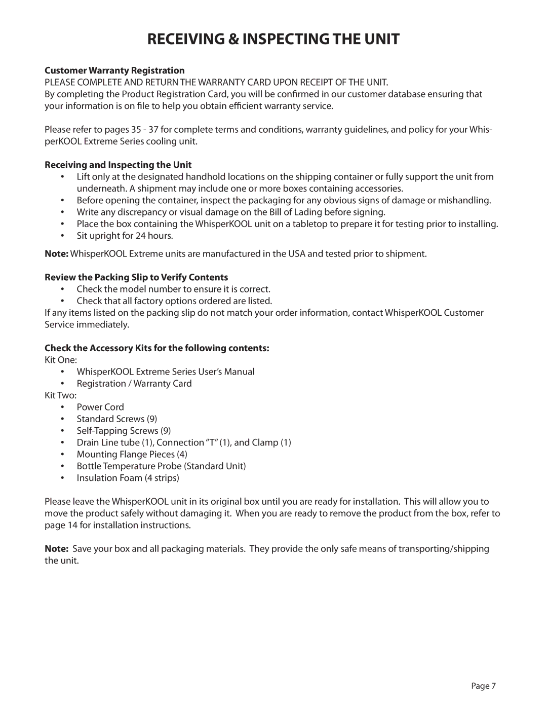 WhisperKool PLATINUM 8000, PLATINUM 4000 owner manual Receiving & Inspecting the Unit, Customer Warranty Registration 