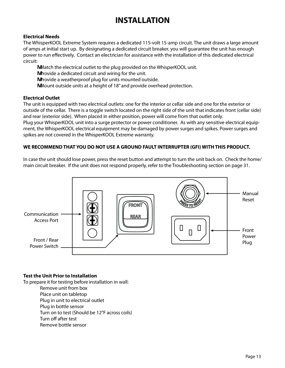 WhisperKool 8000ti, PT-EXPL, EXTREME SERIES Electrical Needs, Electrical Outlet, Test the Unit Prior to Installation 