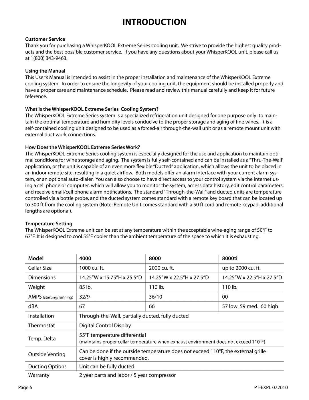 WhisperKool EXTREME SERIES, PT-EXPL manual Introduction, Model 4000 8000 8000ti 