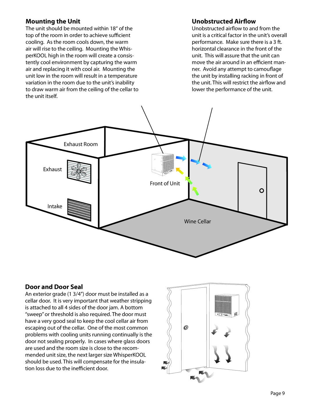 WhisperKool 4000, PT-EXPL, EXTREME SERIES, 8000ti manual Mounting the Unit, Unobstructed Airflow, Door and Door Seal 