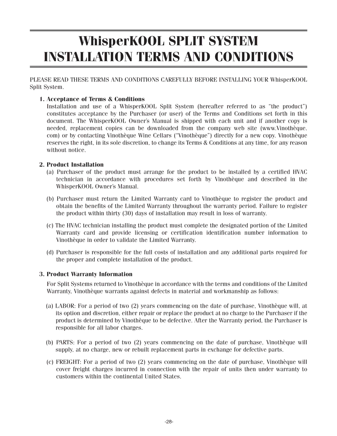 WhisperKool SS4000, SS7000 Installation Terms and Conditions, Acceptance of Terms & Conditions Product Installation 