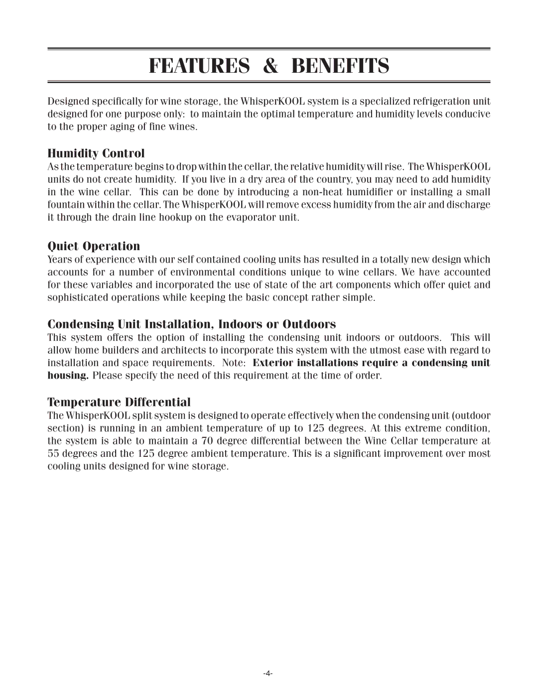 WhisperKool SS4000, SS7000 owner manual Features & Benefits, Humidity Control, Quiet Operation, Temperature Differential 