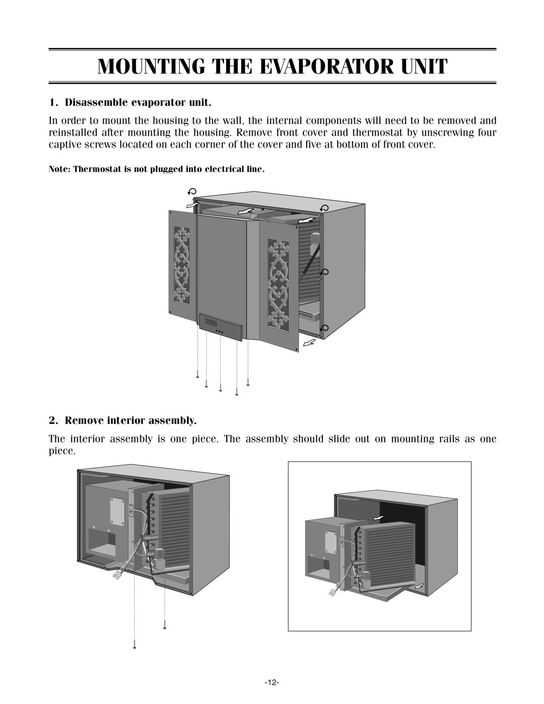 WhisperKool SS4000, SS7000 owner manual Mounting The Evaporator Unit, Disassemble evaporator unit, Remove interior assembly 