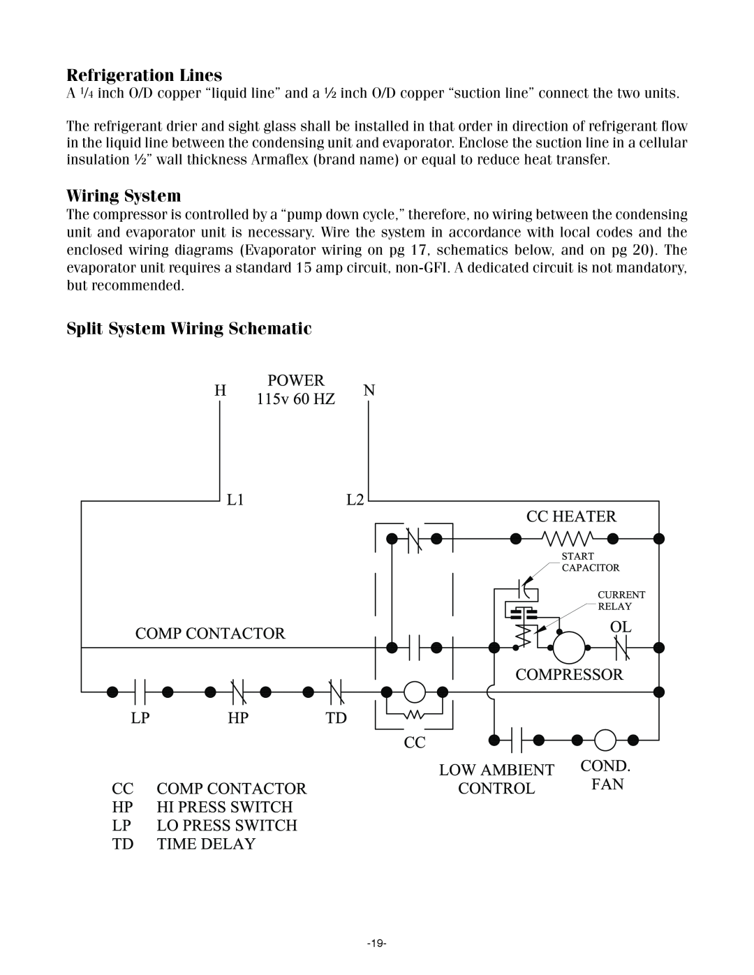 WhisperKool SS7000, SS4000 owner manual Refrigeration Lines, Wiring System, Split System Wiring Schematic 