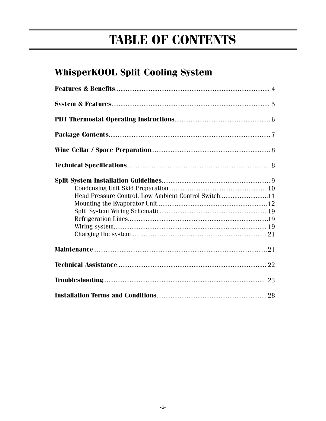 WhisperKool SS7000, SS4000 owner manual Table Of Contents, WhisperKOOL Split Cooling System 