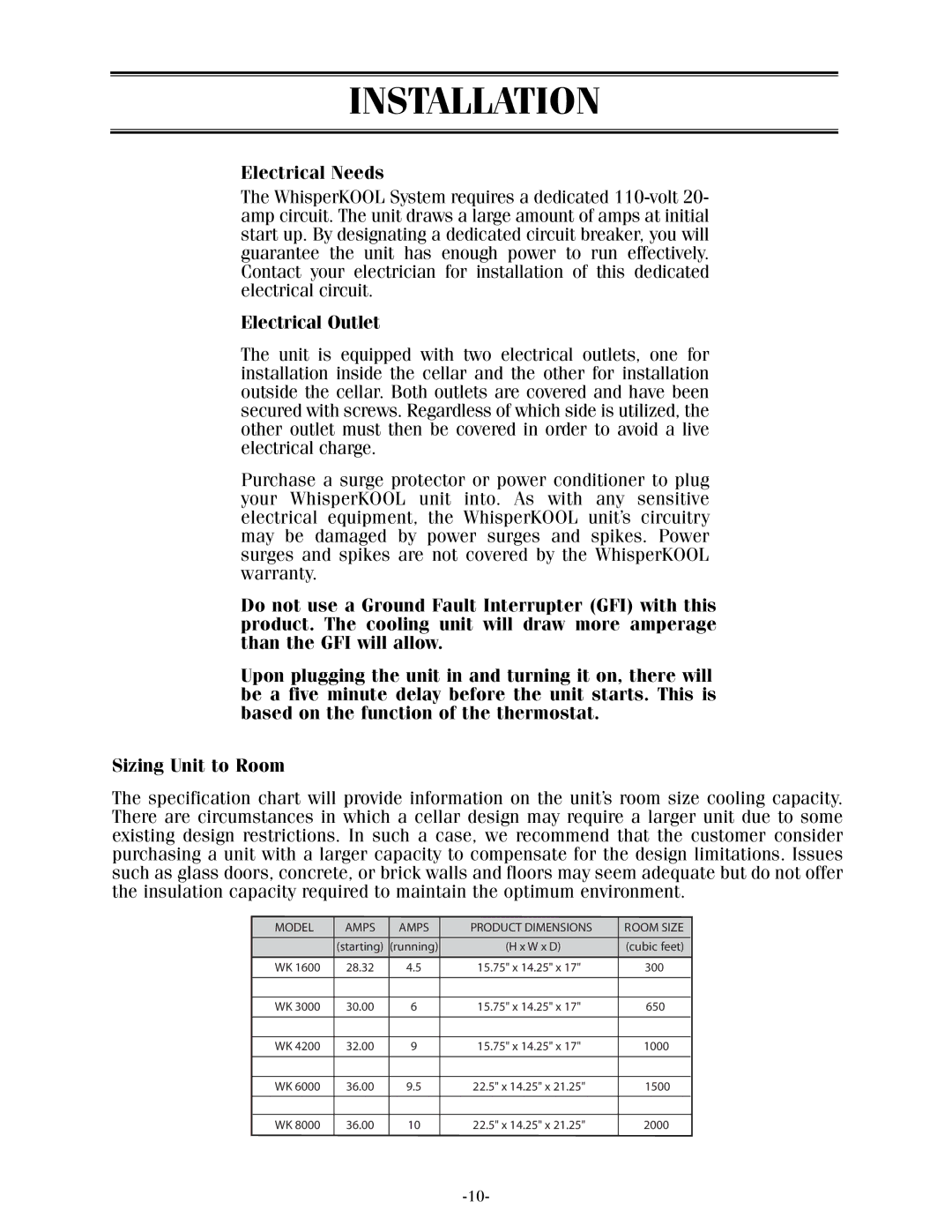 WhisperKool XLT, 17-1103 owner manual Installation, Electrical Needs, Electrical Outlet 