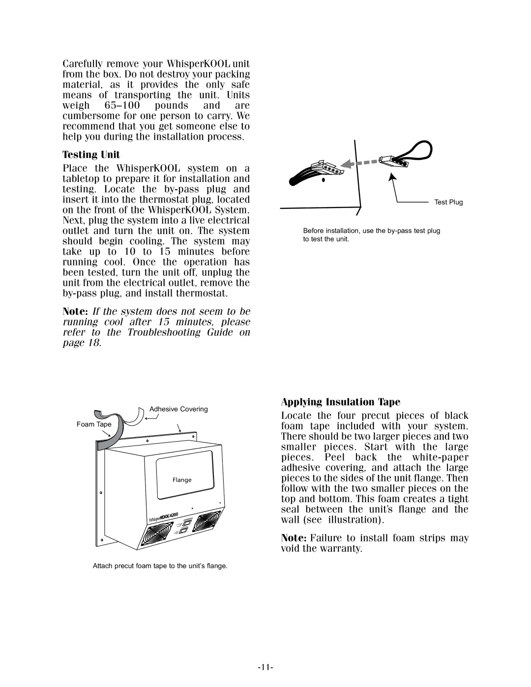 WhisperKool 17-1103, XLT owner manual Testing Unit, Applying Insulation Tape 